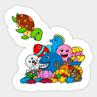 doodle type design depicts the underwater world of various marine animals Sticker